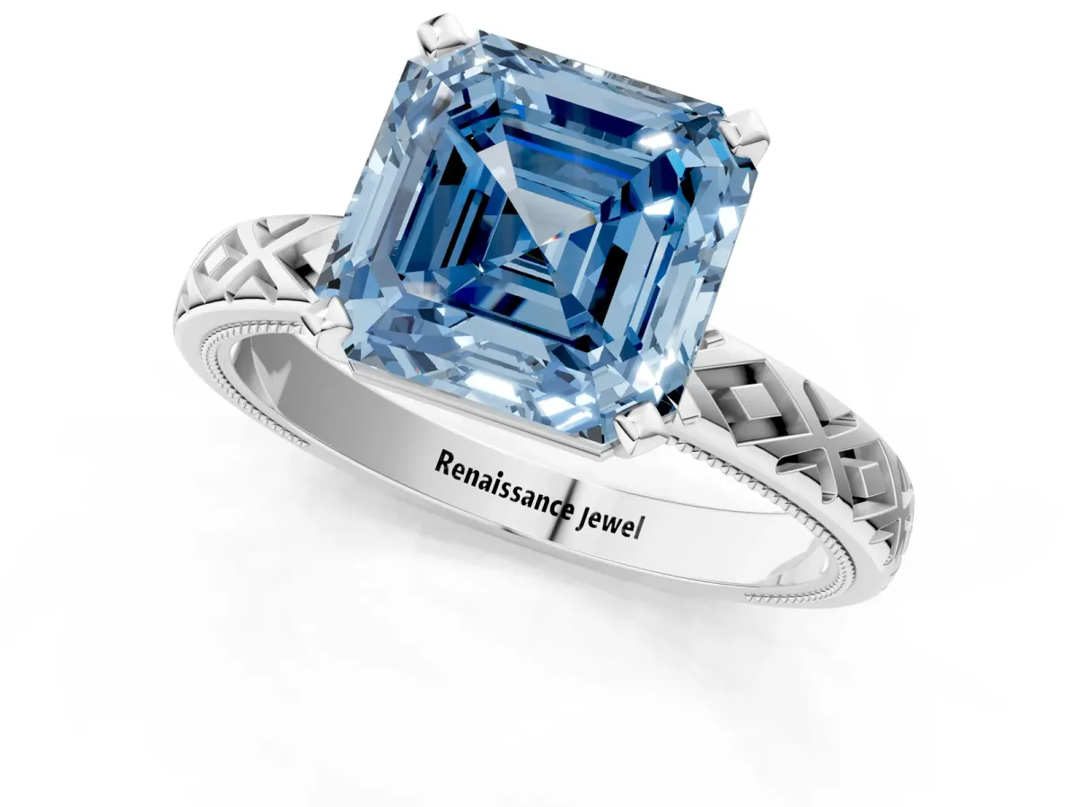 Fancy Blue Asscher Cut Solitaire Diamond Ring with Milgrain and Black Enamel X Pattern Band Platinum