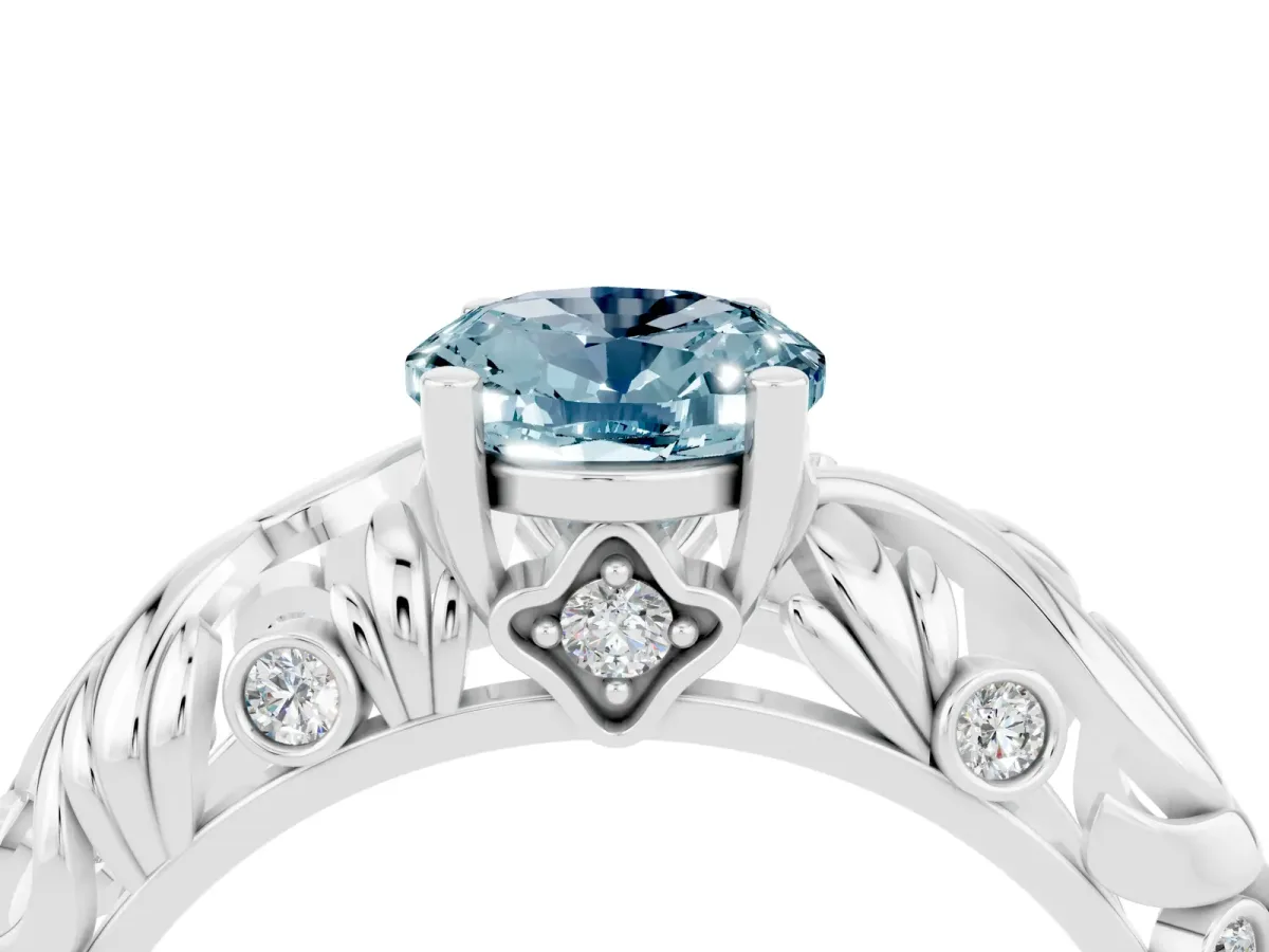 Oval Cut Solitaire Aquamarine Leaf-Inspired Vine Band Ring with Prong Setting White gold