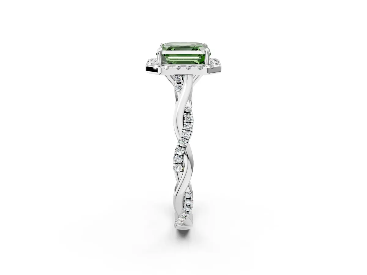 Fancy Green Asscher Cut Halo Twist Band Solitaire Ring Platinum
