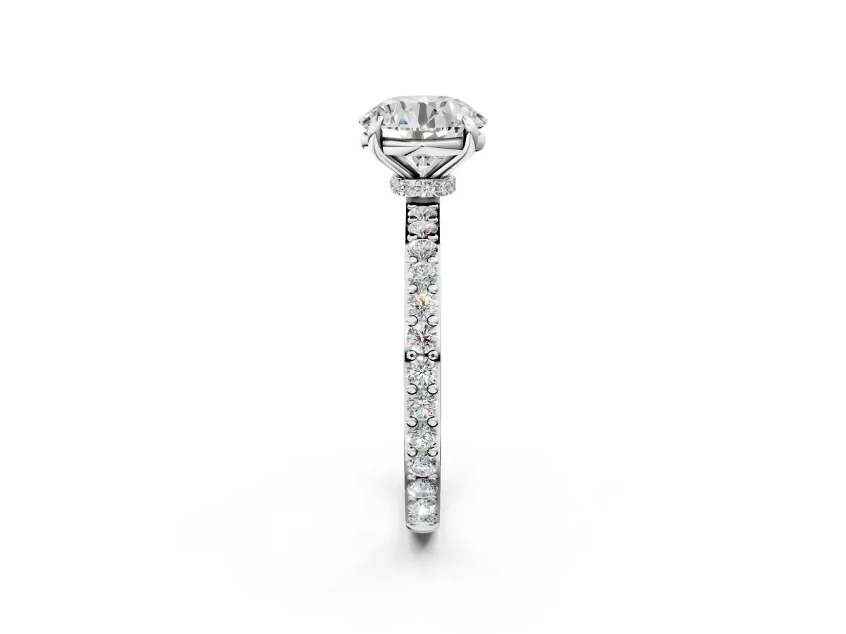 Round Cut Diamond Pavé Engagement Ring with Round Accents and Prong Setting Silver