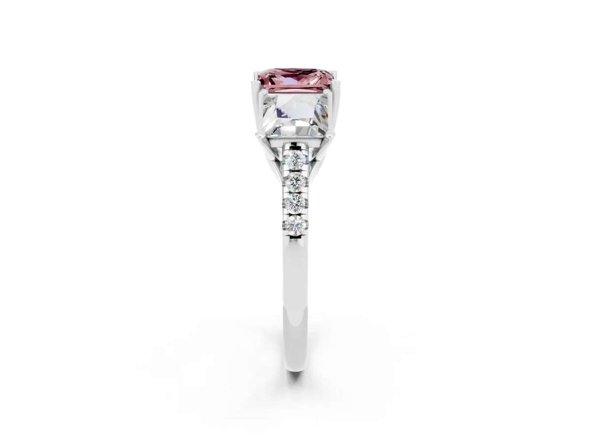 Three-Stone Princess Cut Morganite Ring with Round Pavé Band and Prong Setting Platinum