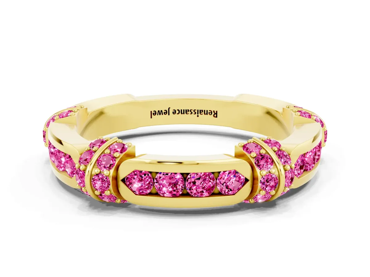 Pavé Round Pink Sapphire Link Band with Bezel Setting Yellow gold