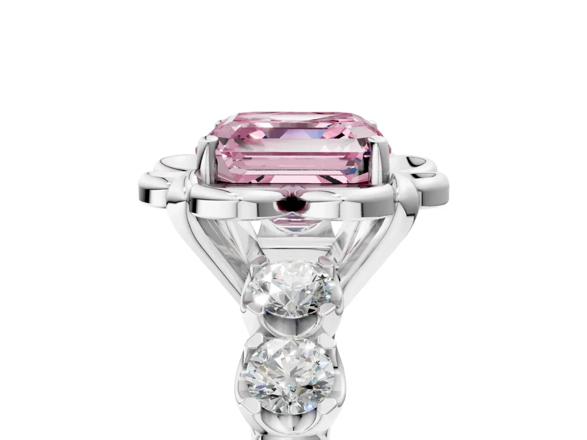 Fancy Pink Asscher Cut Cut Diamond Floral Halo Engagement Ring with Shared Prong Setting Silver