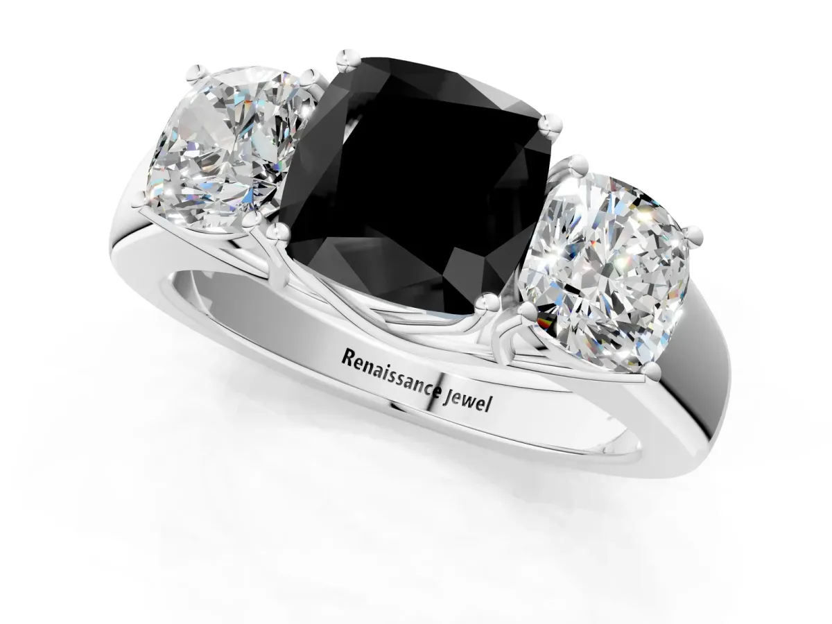 Fancy Black Three-Stone Cushion Cut Cut Diamond Ring with Prong Setting and Classic Band White gold