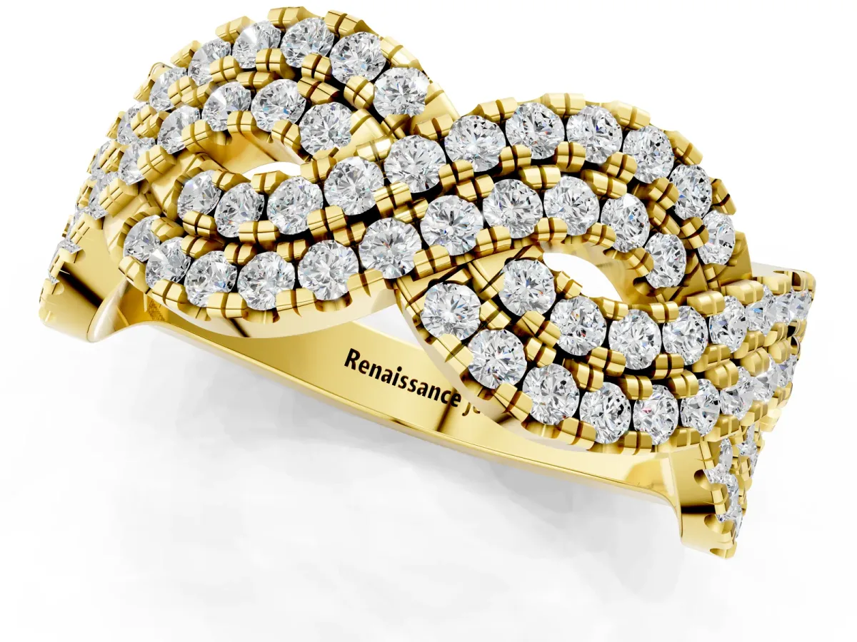 Pavé Round Diamond Infinity Twist Band with Shared Prong Setting Yellow gold