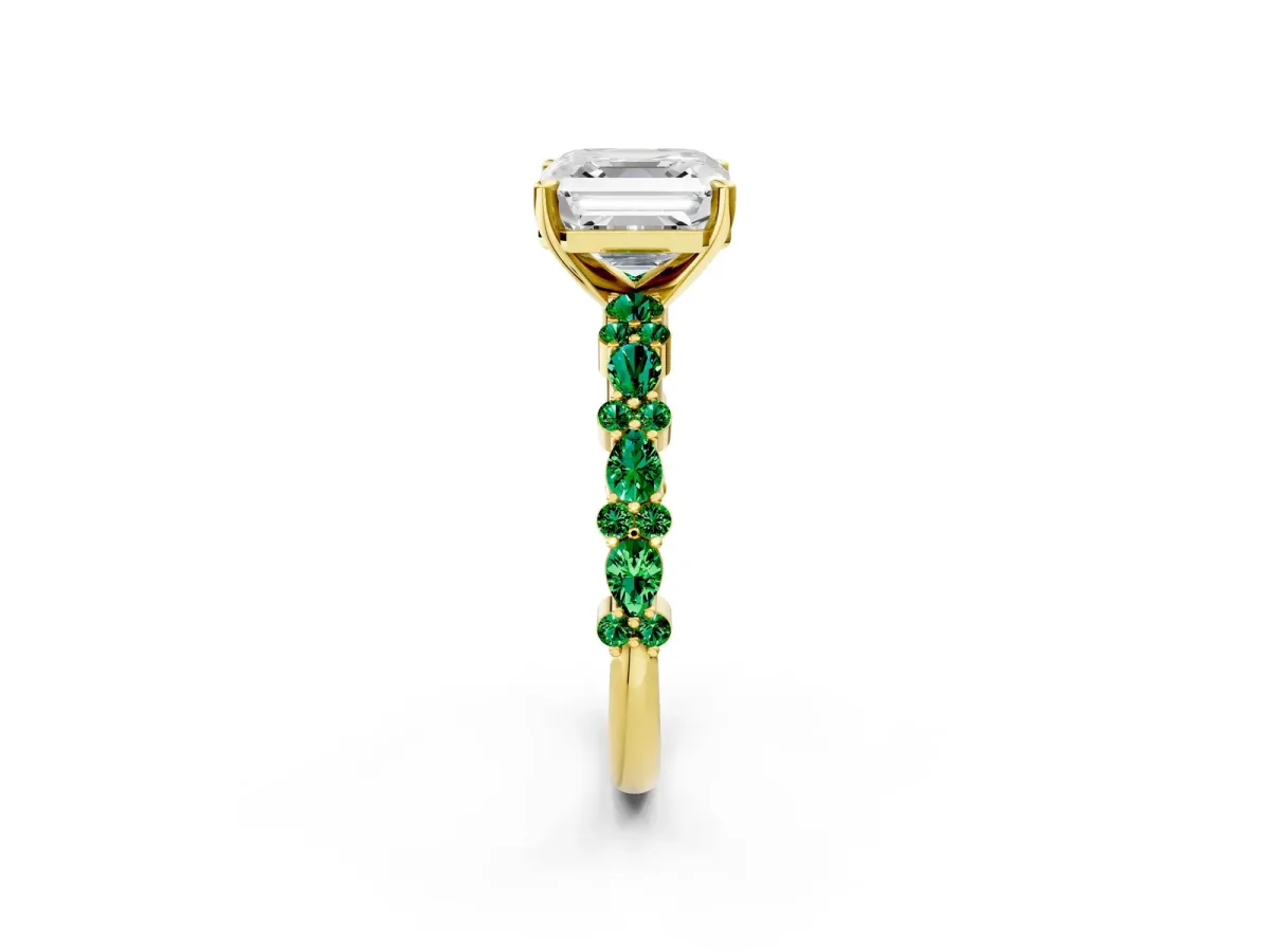 Asscher Cut Diamond Side Stone Solitaire Ring with Round Emerald and Four-Prong Setting Yellow gold