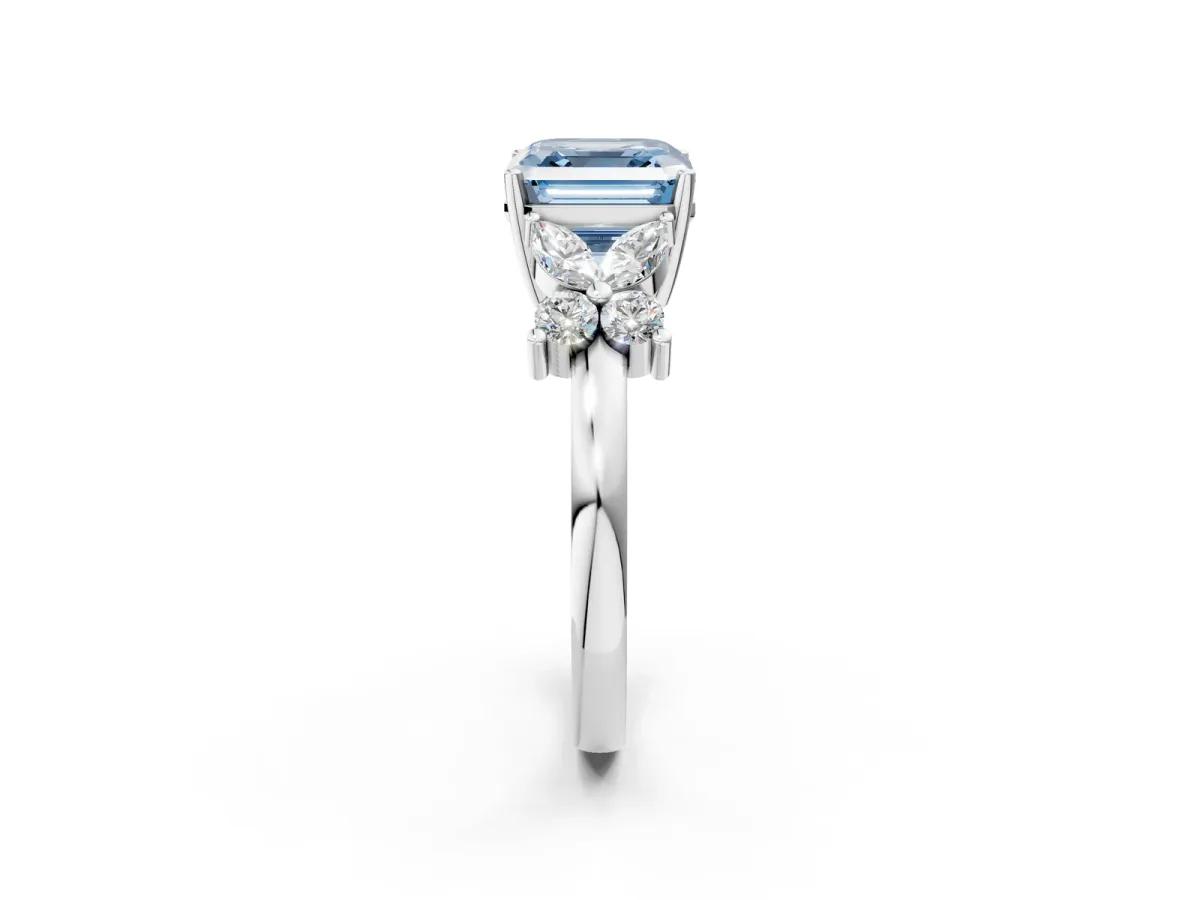 Fancy Blue Asscher Cut Diamond Floral Cluster Ring with Solitaire Band and Prong Setting Platinum