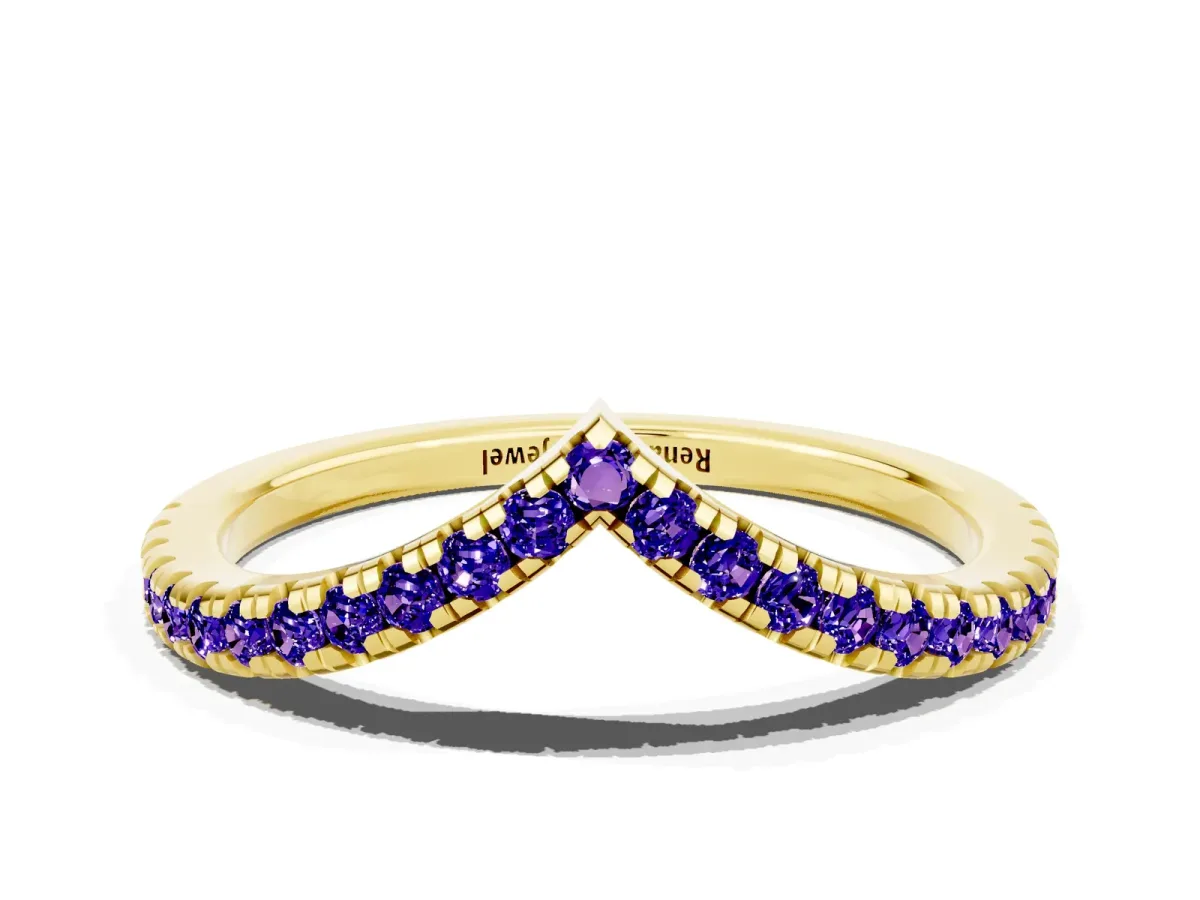 Pavé Round Tanzanite V-Shaped Chevron Band with Shared Prong Setting Yellow gold