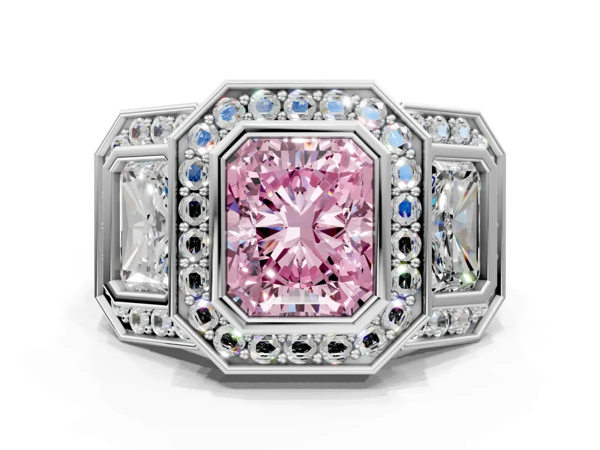 Fancy Pink Three-Stone Radiant Cut Halo Pavé Diamond Ring Platinum