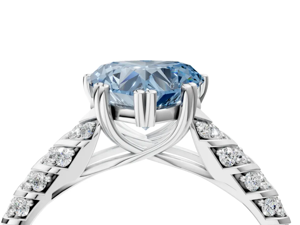 Fancy Blue Heart Cut Solitaire Chevron Pave Diamond Engagement Ring with Six-Prong Setting Platinum