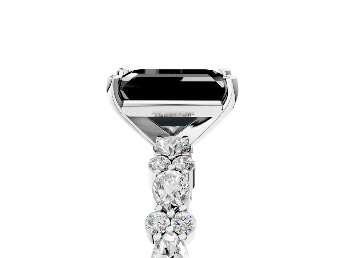 Fancy Black Emerald Cut Diamond Side Stone Solitaire Ring with Round and Four-Prong Setting Platinum