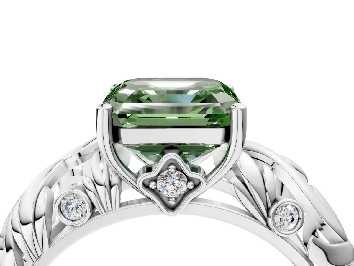 Fancy Green Asscher Cut Solitaire Diamond Leaf-Inspired Vine Band Ring with Prong Setting Platinum
