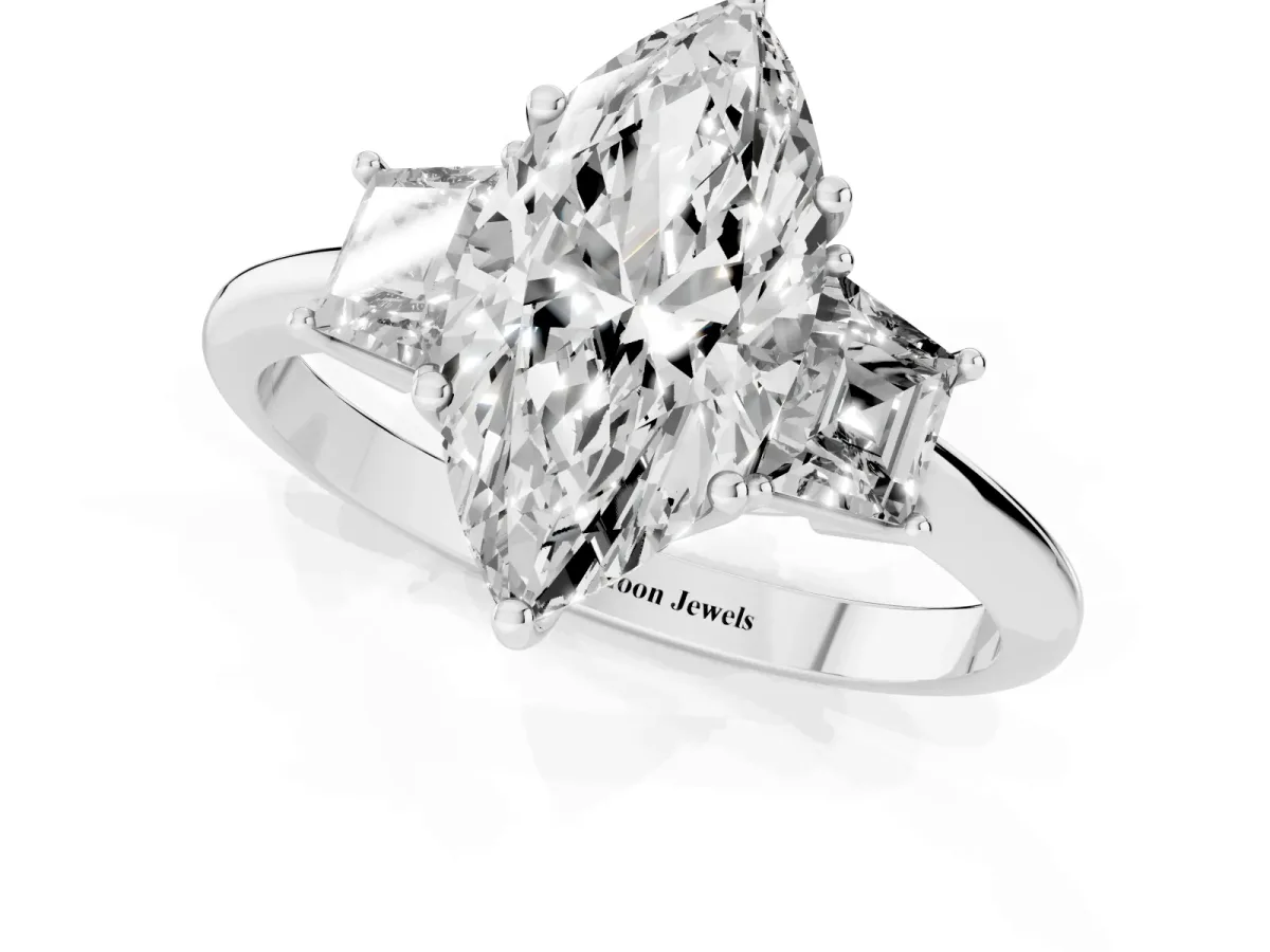 Marquise Cut Diamond Three-Stone Ring with Trapezoid Side Stones and Prong Setting Silver