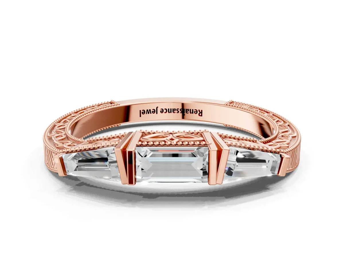 Baguette Cut Channel Set Milgrain Band with V-Prong Setting Rose gold
