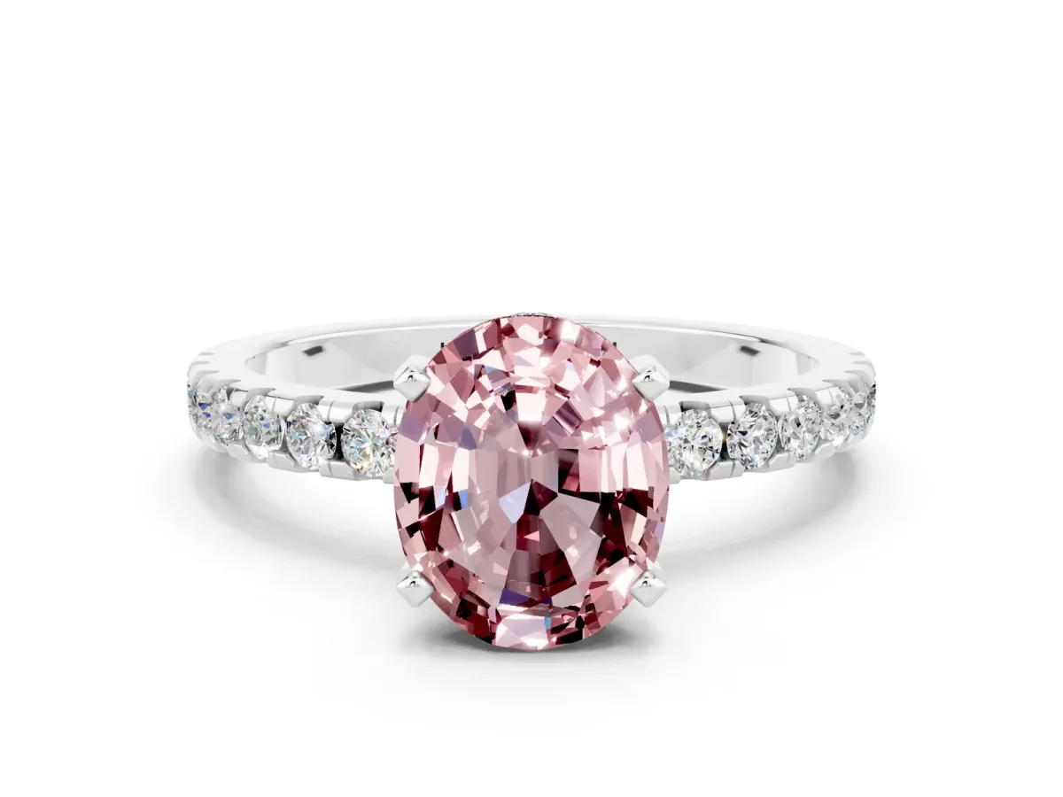 Oval Cut Morganite Solitaire Ring with Round Pavé Band and Four-Prong Setting Silver