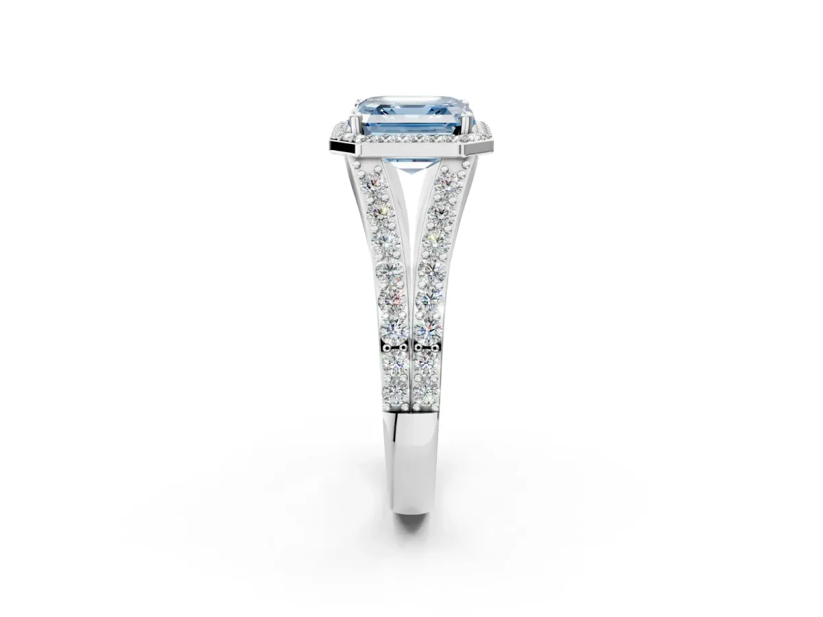 Fancy Blue Asscher Cut Diamond Split Shank Halo Ring with Four-Prong Setting Platinum