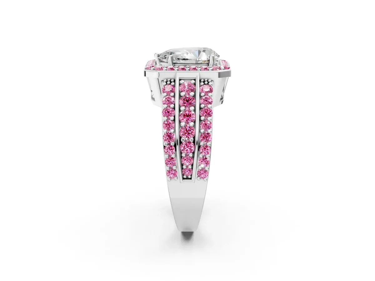 Pear Cut Halo Diamond Ring with Round Pink Sapphire Split Shank and Prong Setting Silver