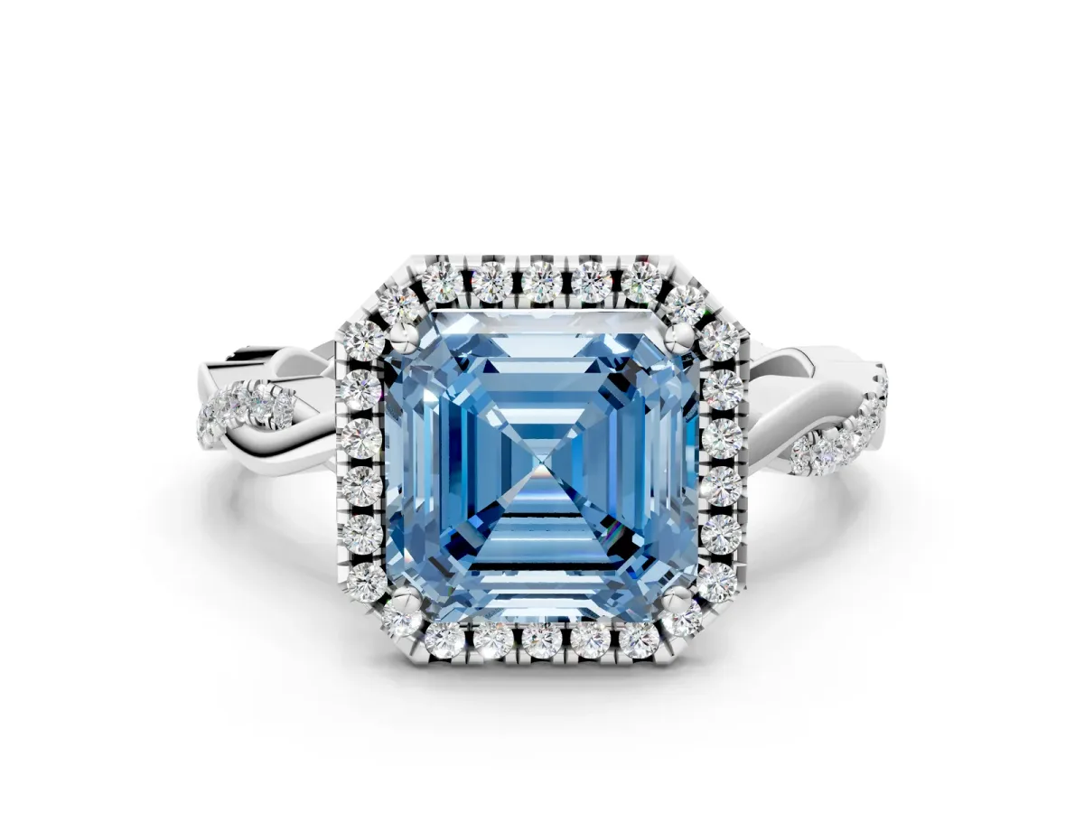 Fancy Blue Asscher Cut Cut Halo Twisted Band Four-Prong Ring Platinum