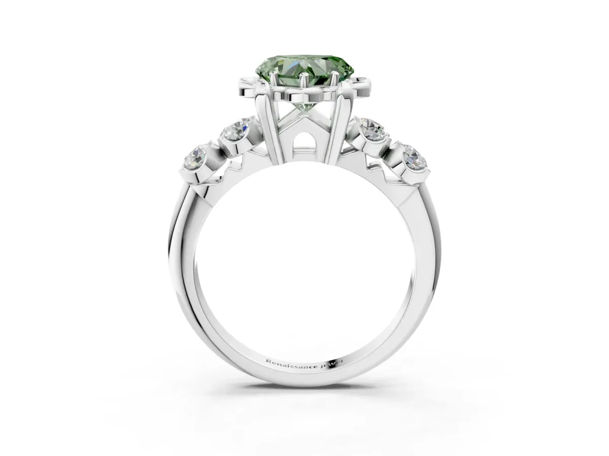 Fancy Green Heart Cut Cut Diamond Floral Halo Engagement Ring with Shared Prong Setting Silver