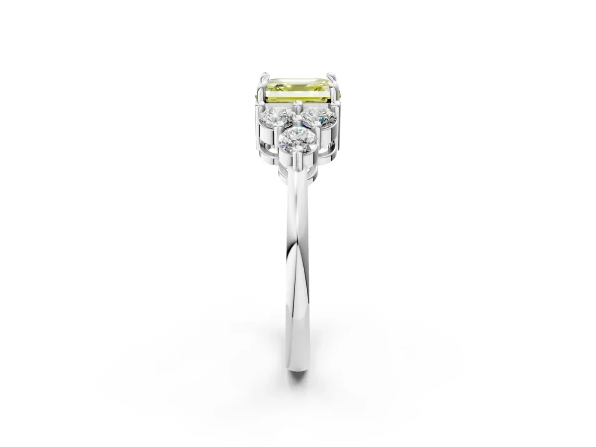 Fancy Yellow Asscher Cut Brilliant Diamond Cluster Accent Solitaire Ring with Prong Setting Platinum