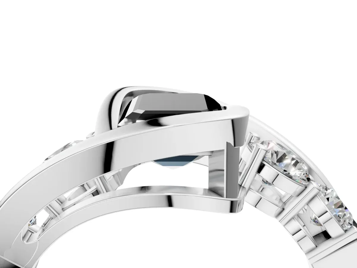 Fancy Black Bezel Set Emerald Cut Diamond Bypass Ring with Round Accents Silver