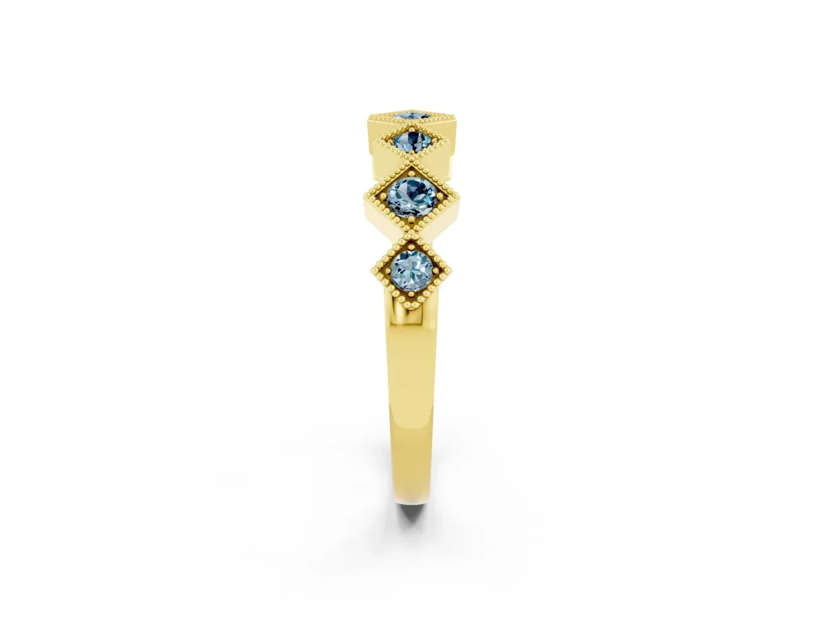 Milgrain Square Bezel Round Aquamarine Chevron Band Yellow gold