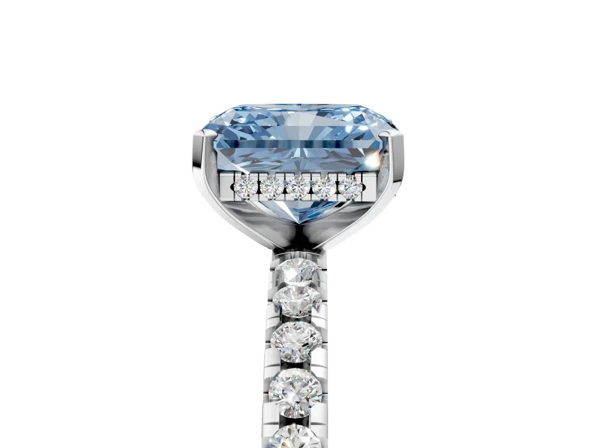Fancy Blue Radiant Cut Diamond Solitaire Ring with Round Pavé Band and Four-Prong Setting Silver