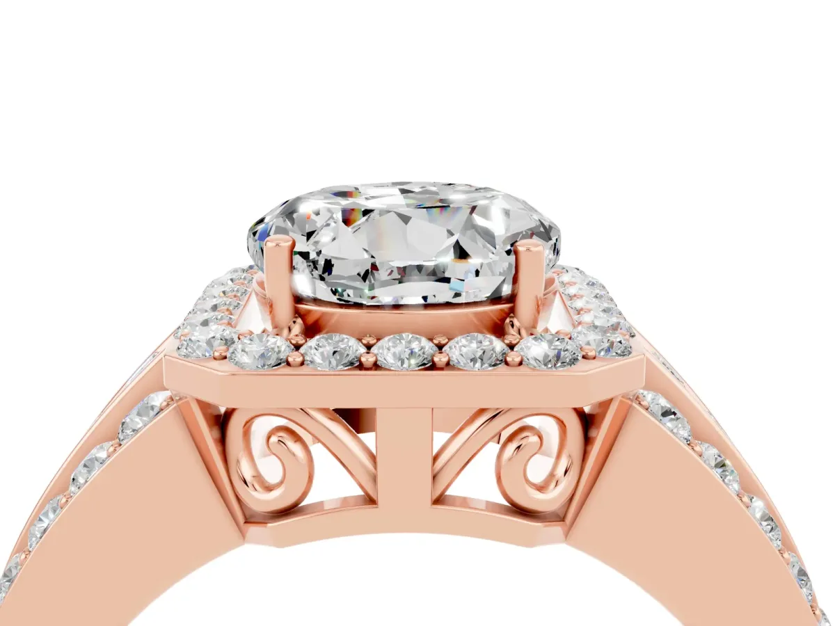 Round Cut Halo Moissanite Ring with Round Split Shank and Prong Setting Rose gold