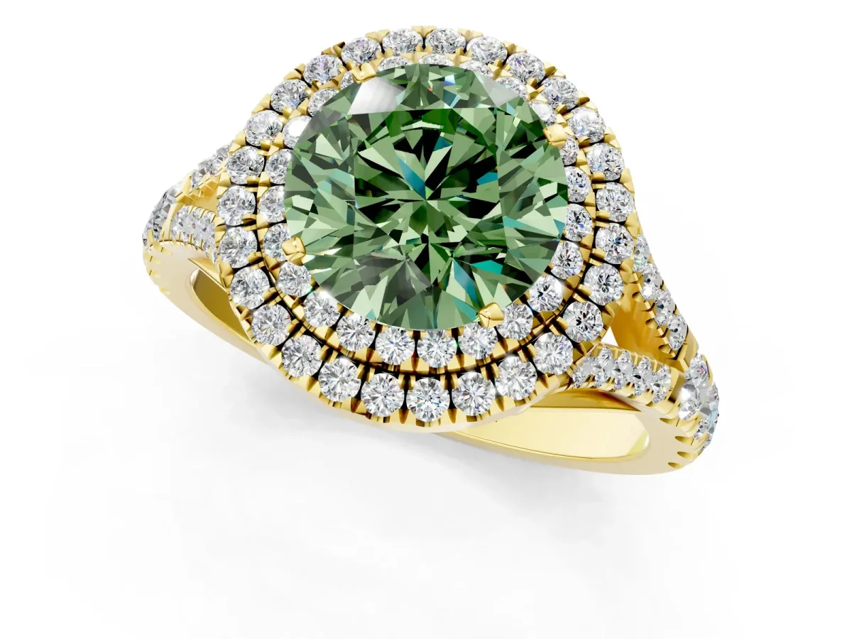 Fancy Green Round Cut Diamond Double Halo Ring with Split Shank and Prong Setting Yellow gold