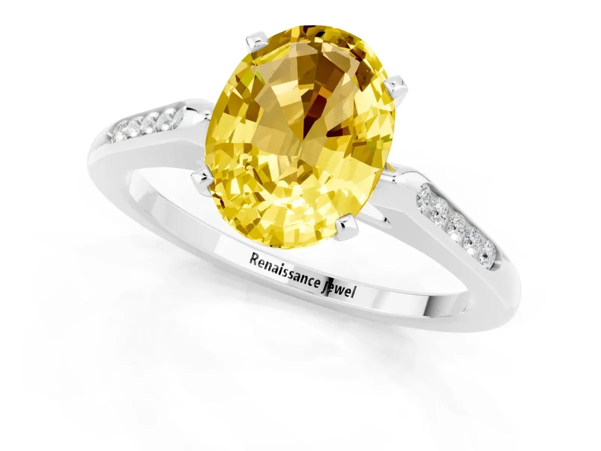 Oval Cut Yellow Sapphire Solitaire Ring with Channel Set Round Band and Prong Setting Silver