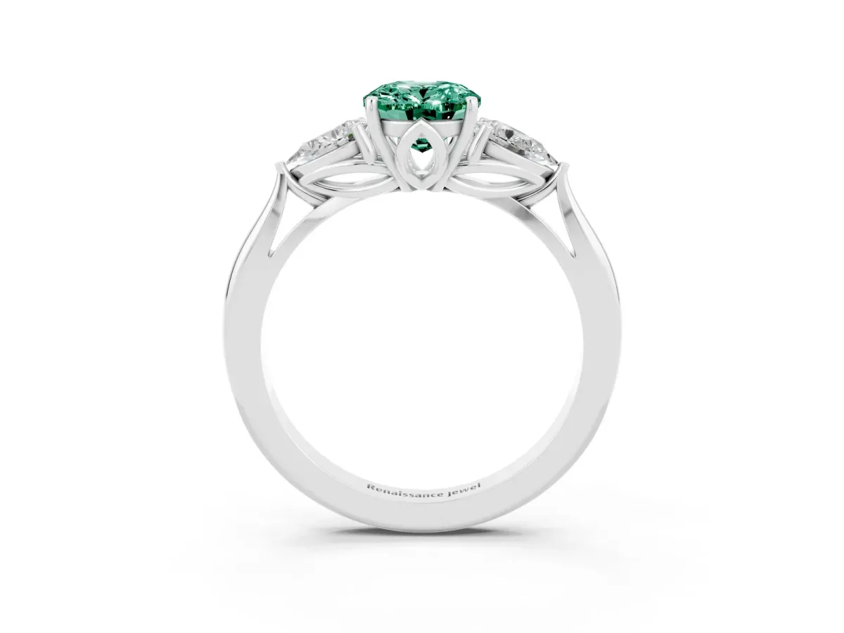 Three-Stone Oval Cut Green Sapphire Ring with Pear Side Stones in Four-Prong Setting White gold