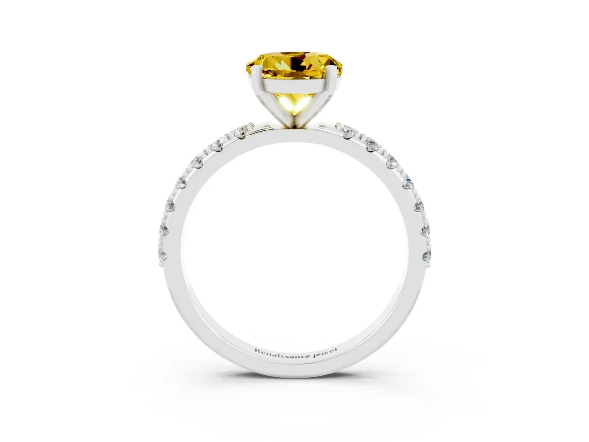 Round Cut Yellow Sapphire Solitaire Pavé Band with Four-Prong Setting Silver