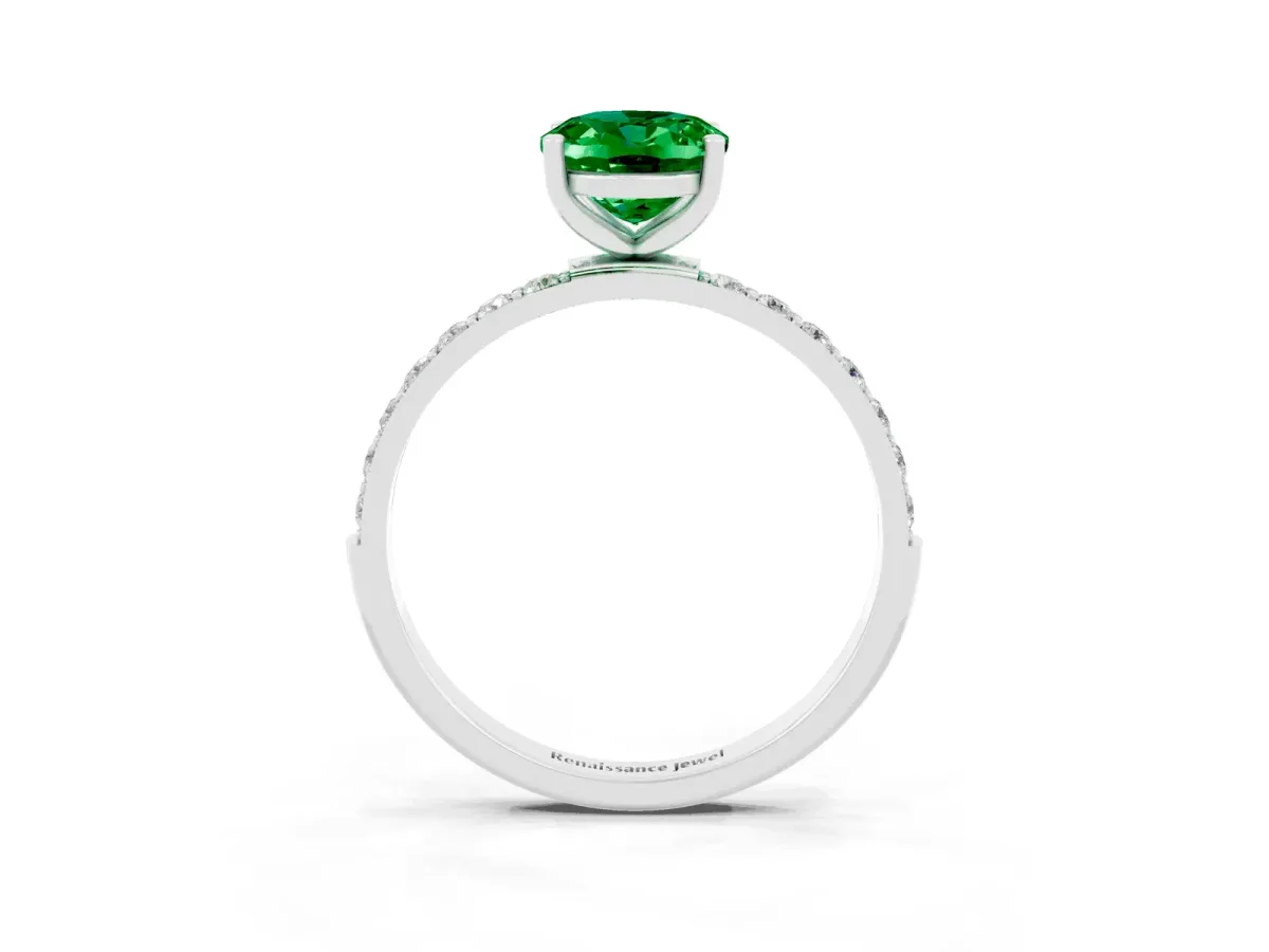 Oval Cut Emerald Solitaire Ring with Round Pavé Band and Prong Setting Platinum