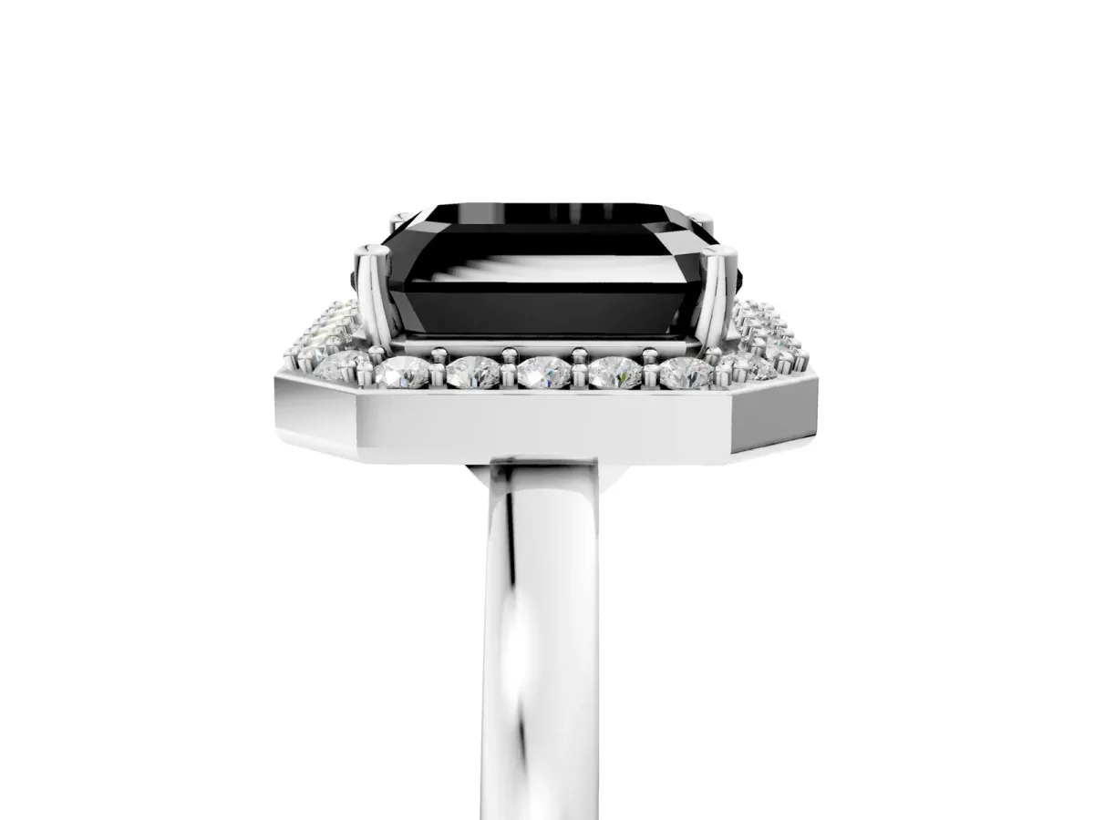 Fancy Black Asscher Cut Halo Diamond Ring with Solitaire Band and Prong Setting Platinum