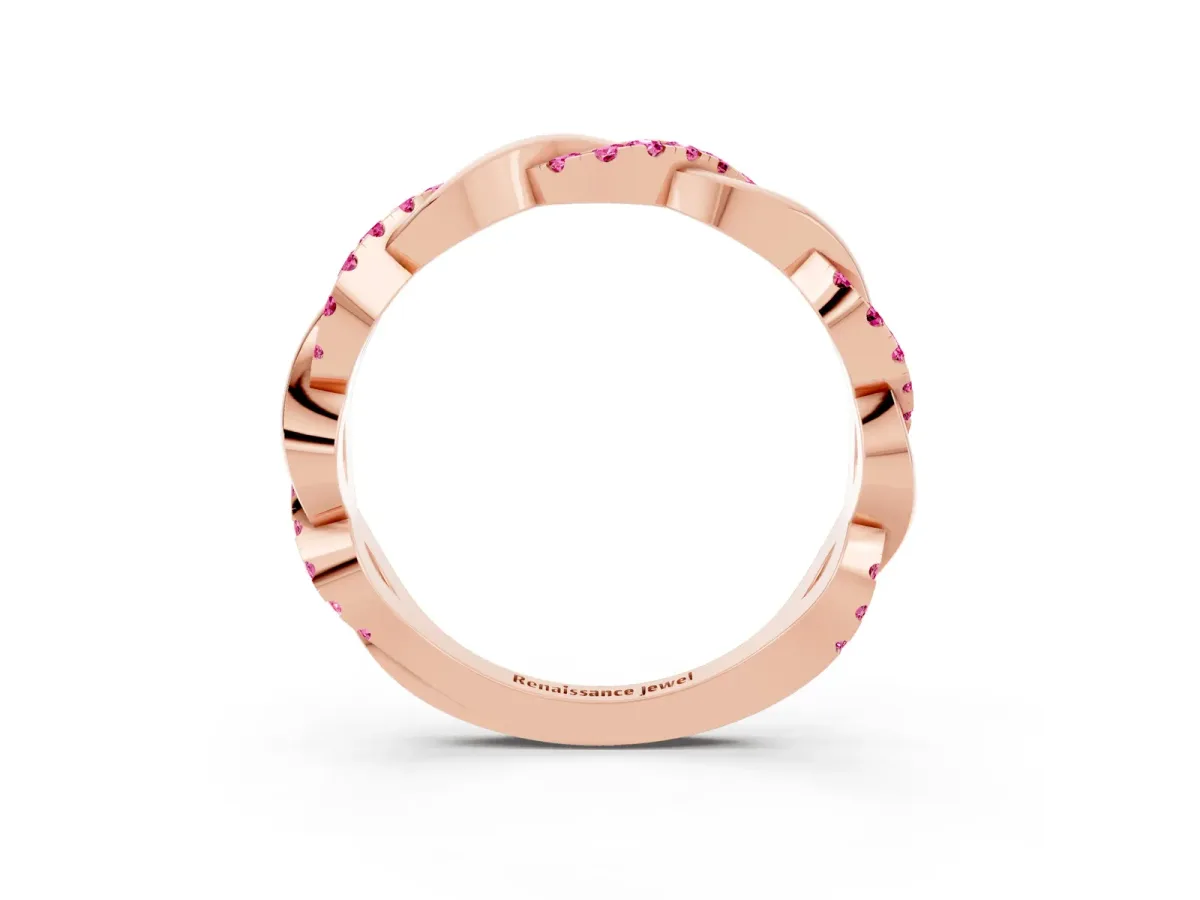 Pavé Round Pink Sapphire Twist Eternity Band with Shared Prong Setting Rose gold