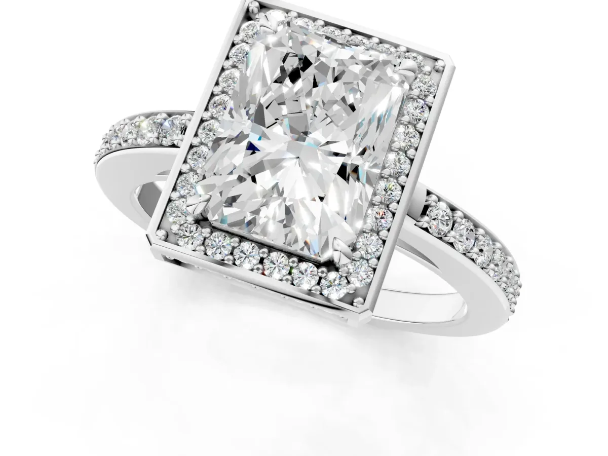 Radiant Cut Halo Pave Band Solitaire Ring with Prong Setting Platinum