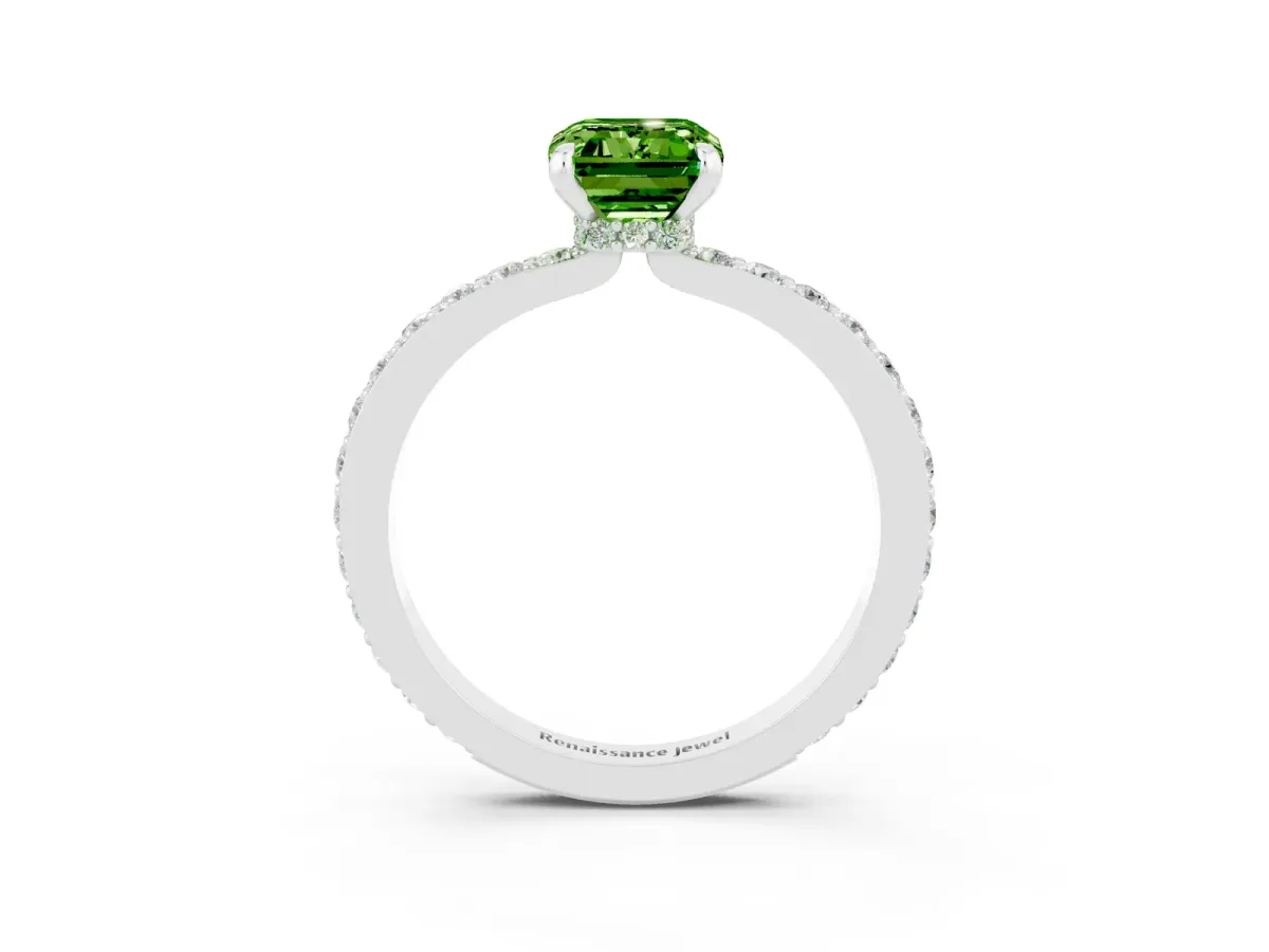 Emerald Cut Peridot Solitaire Engagement Ring with Pavé Band and Four-Prong Setting Silver