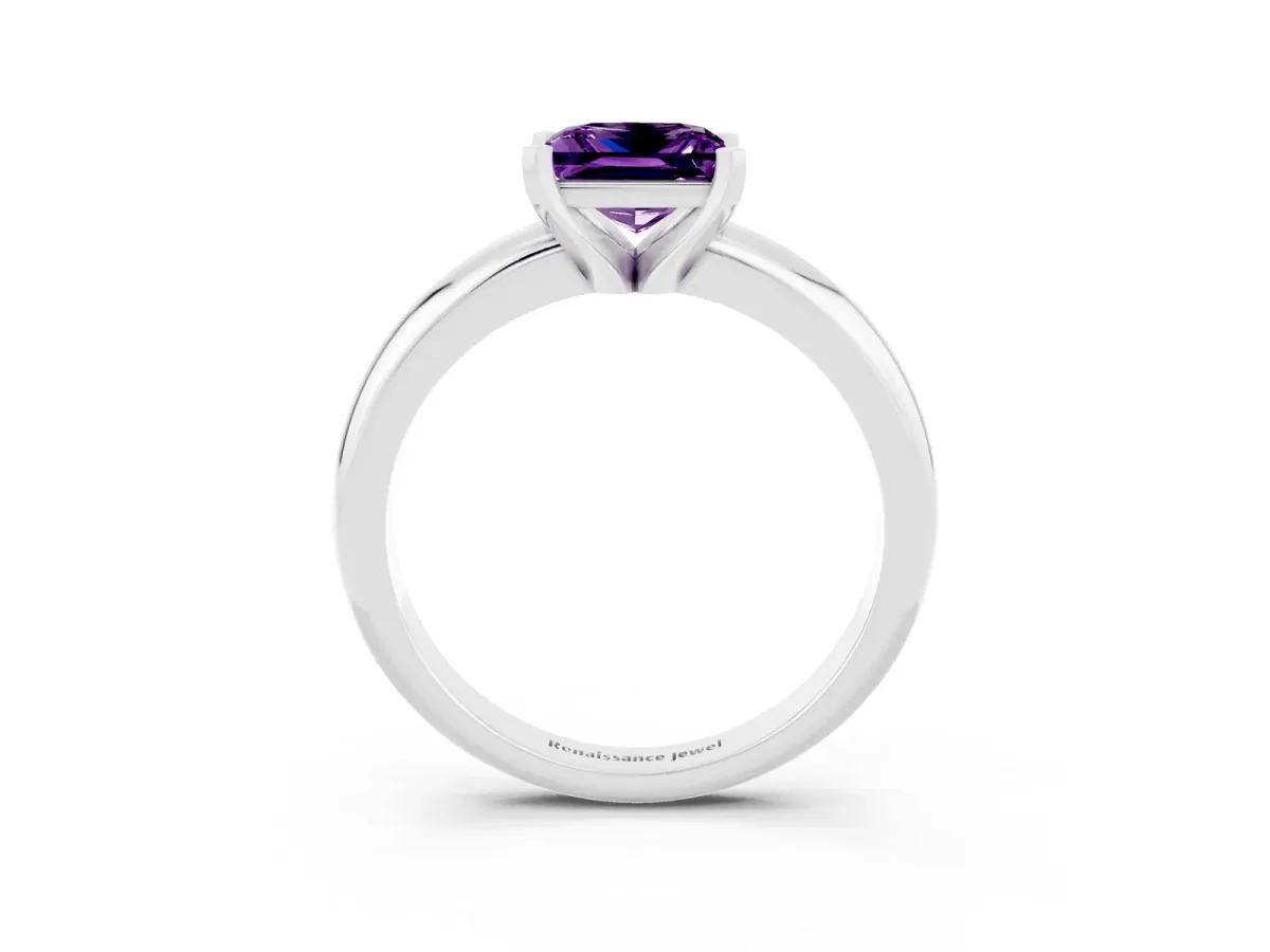 Princess Cut Amethyst Solitaire Engagement Ring with Round Band and Four-Prong Setting Silver