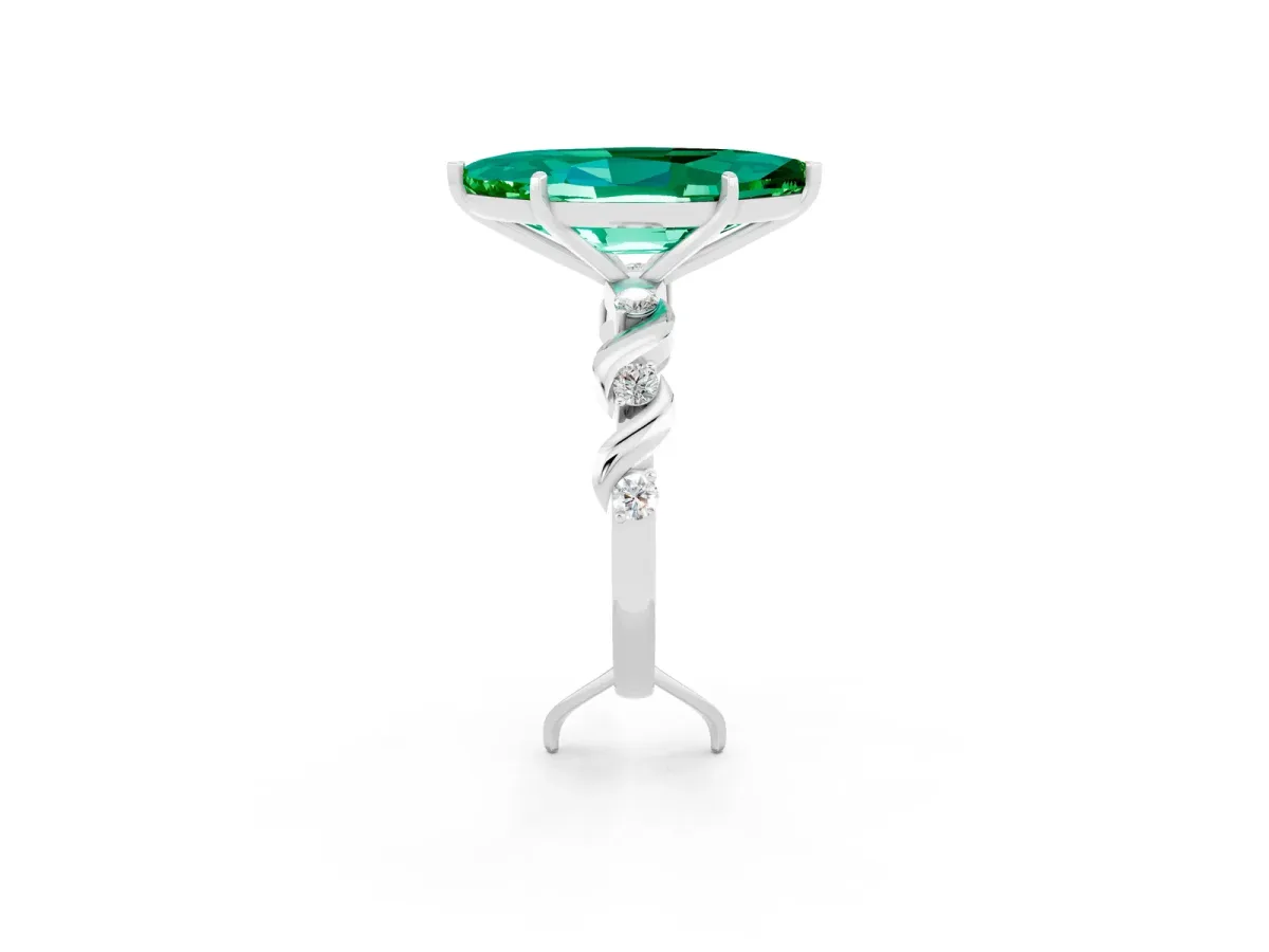 Marquise Cut Emerald Solitaire Twisted Band with Round Accents and Prong Setting Silver