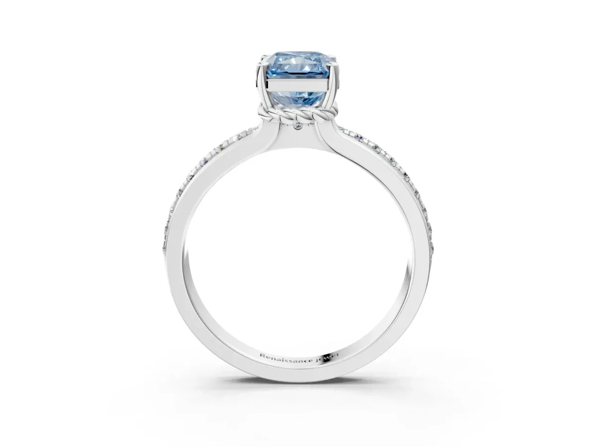Fancy Blue Radiant Cut Solitaire Diamond Ring with Channel Set Band and Six-Prong Setting Platinum