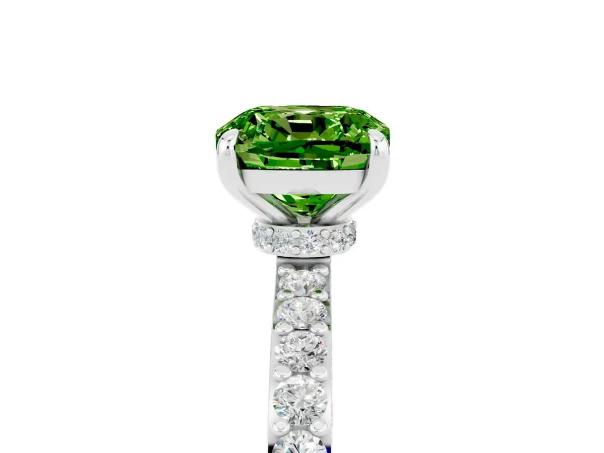 Cushion Cut Peridot Solitaire Engagement Ring with Pavé Band and Four-Prong Setting Silver