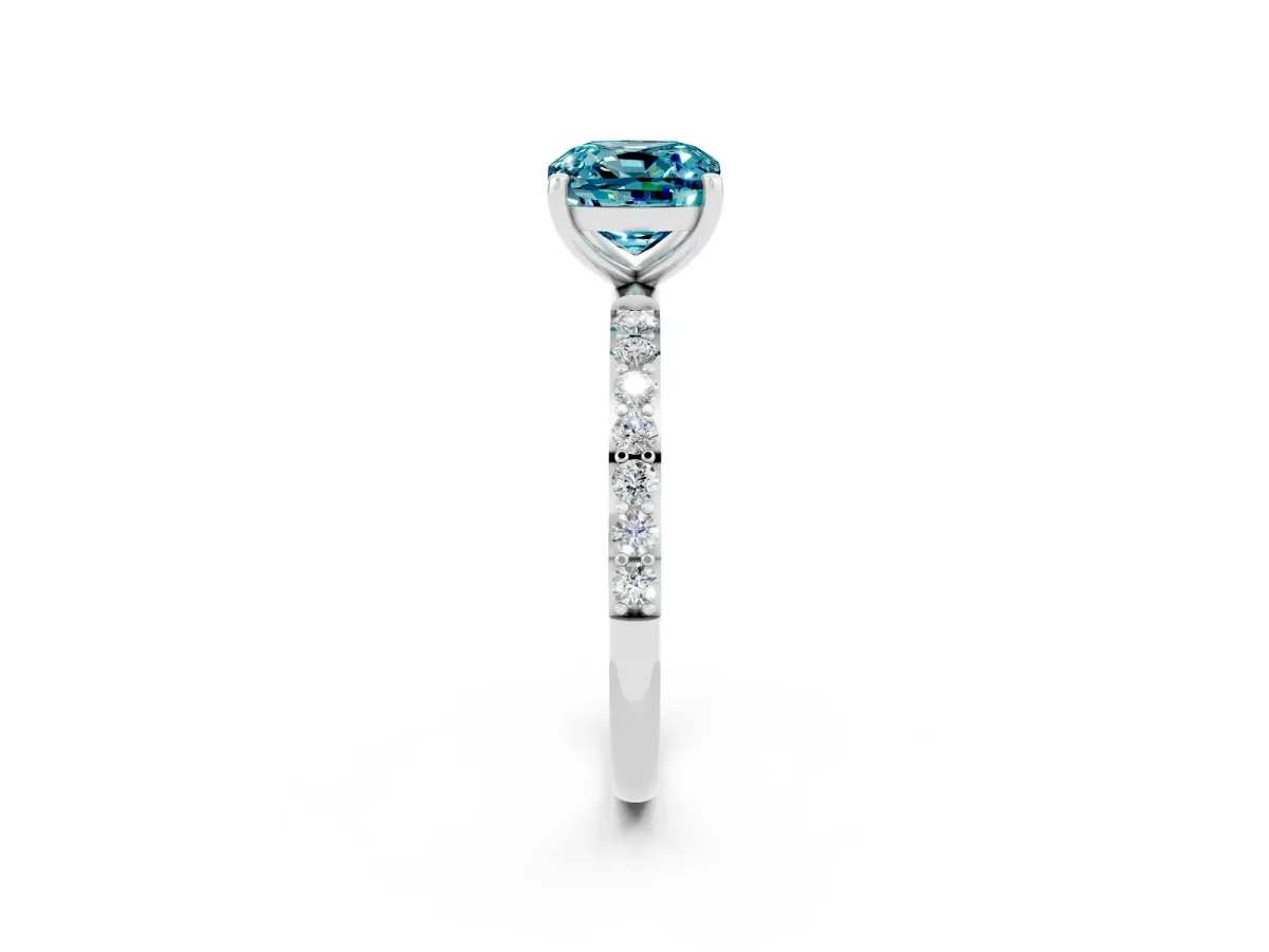 Cushion Cut Blue Topaz Solitaire Ring with Round Pavé Band and Prong Setting Silver