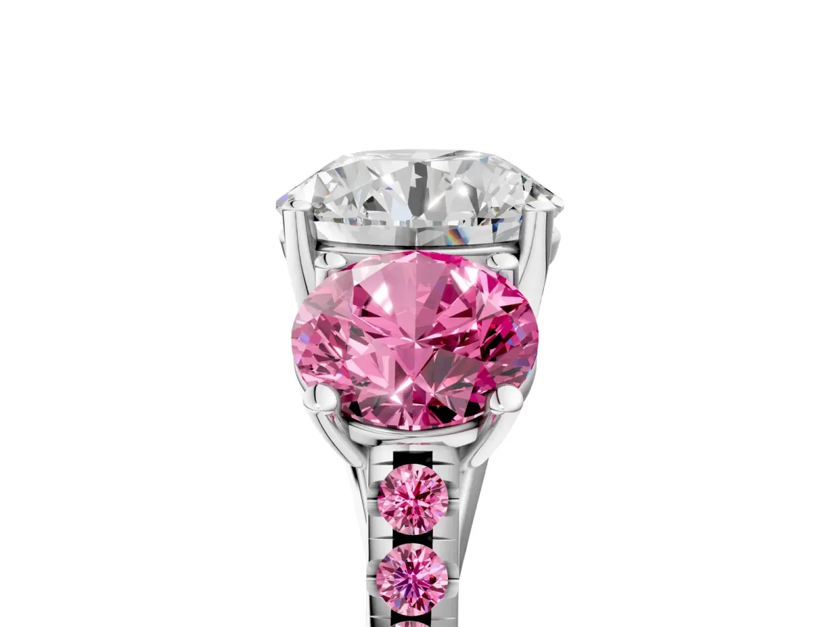 Three-Stone Round Cut Diamond Ring with Round Pink Sapphire Pavé Band and Prong Setting Silver