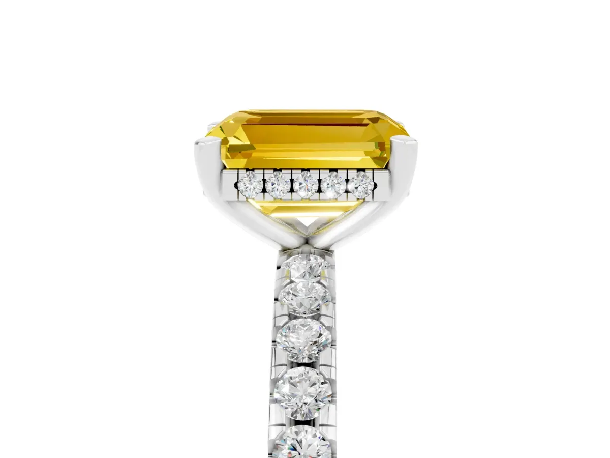Emerald Cut Yellow Sapphire Solitaire Ring with Round Pavé Band and Four-Prong Setting Silver