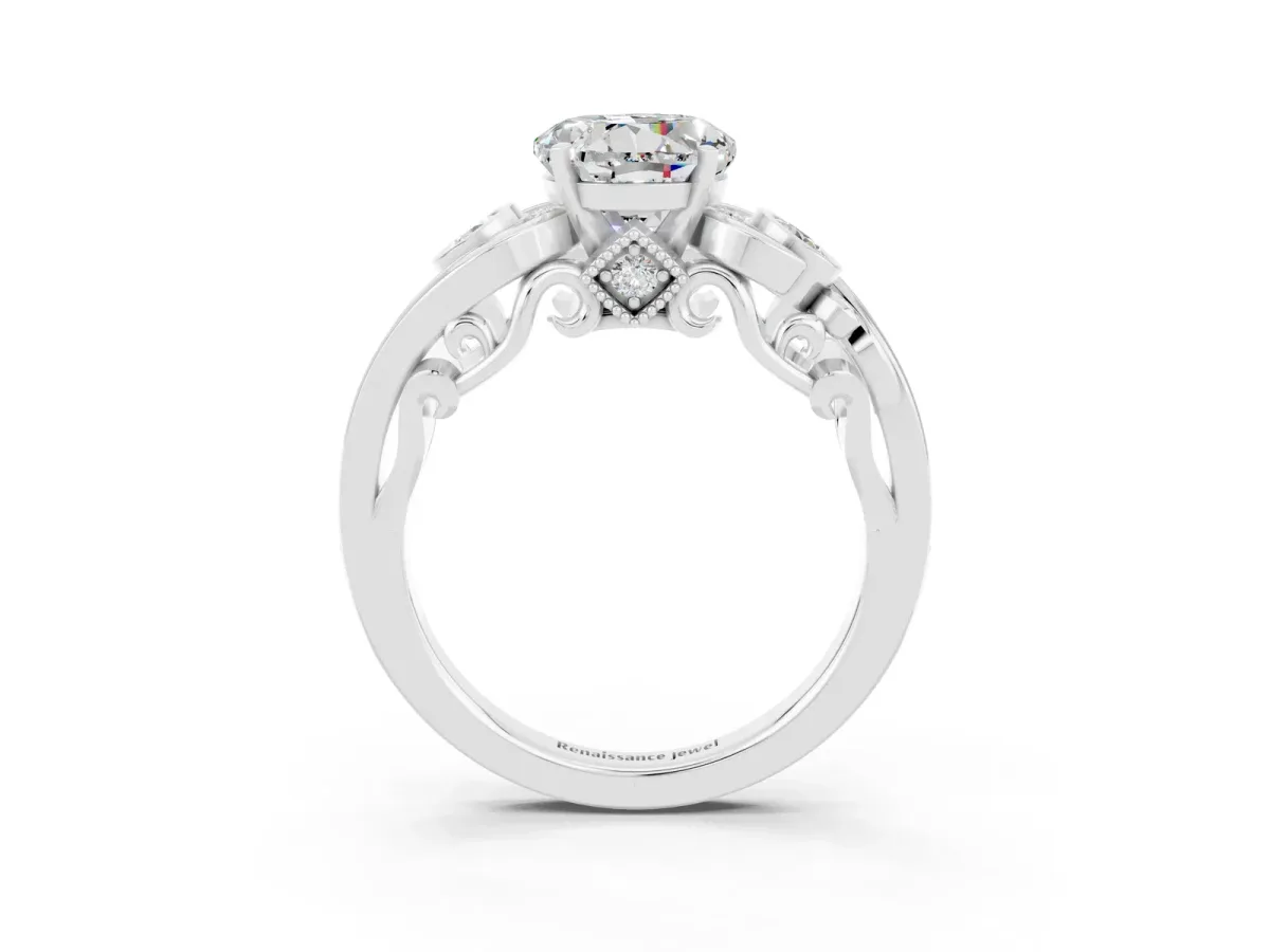 Round Cut Moissanite Solitaire Ring with Milgrain Pavé Band and Four-Prong Setting Silver