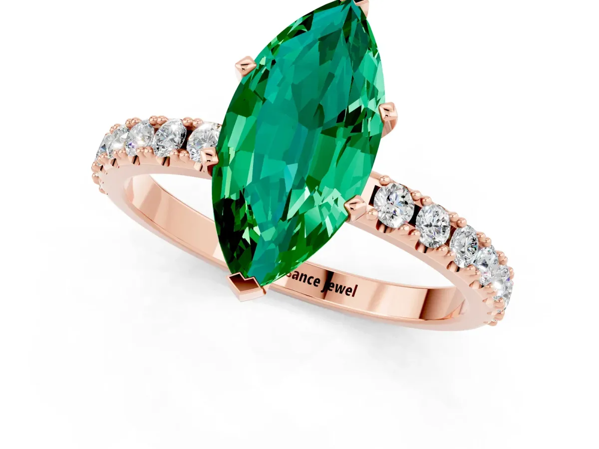 Marquise Cut Emerald Solitaire Pavé Band with Four-Prong Setting Rose gold