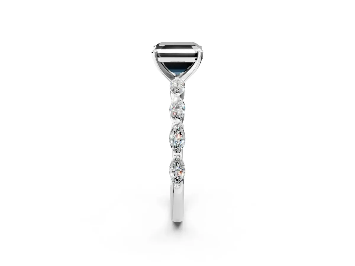 Fancy Black Asscher Cut Diamond Ring with Marquise Side Stones and Prong Setting Platinum