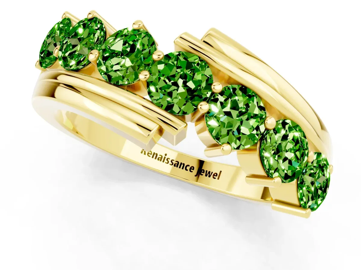 Round Peridot Wave Band with Channel and Shared Prong Setting Yellow gold