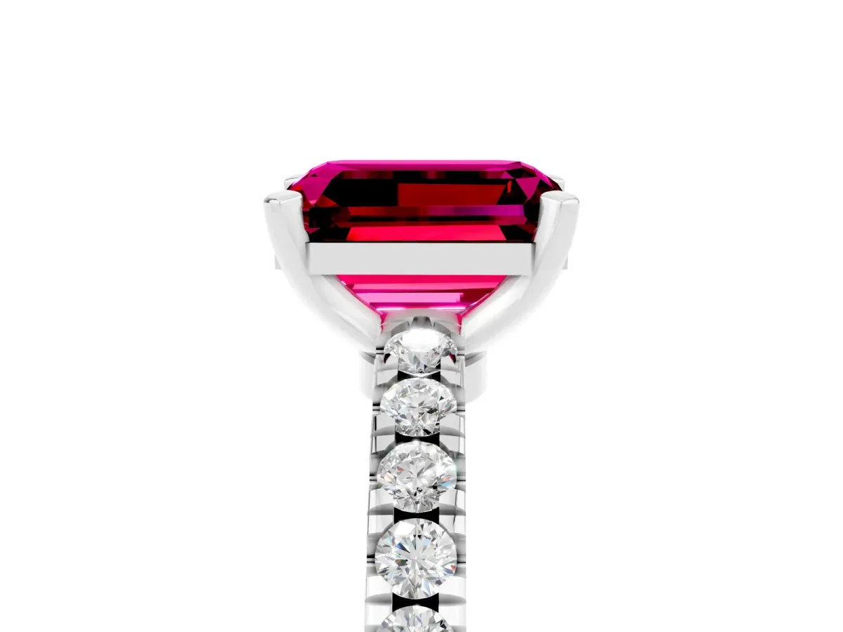 Emerald Cut Solitaire Garnet with Pavé Band and Four-Prong Setting White gold
