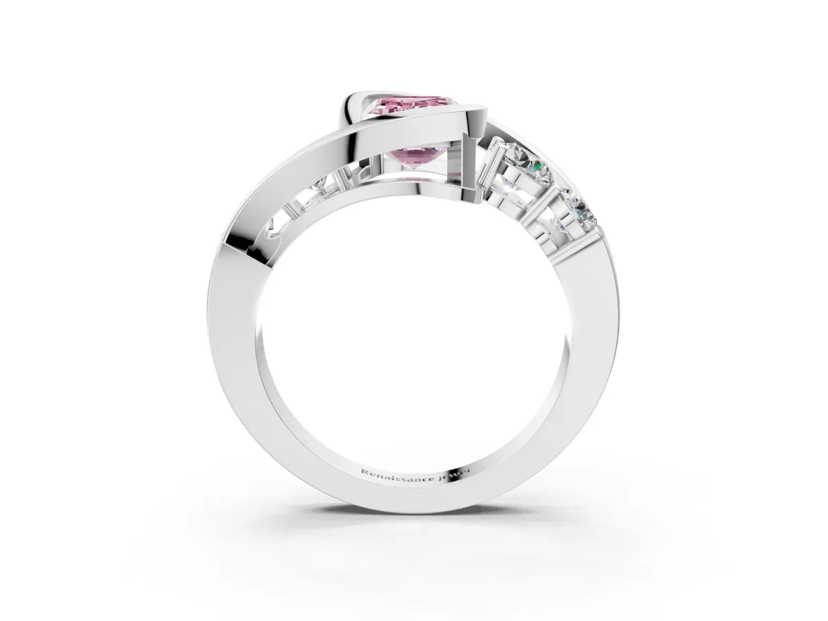 Fancy Pink Bezel Set Emerald Cut Diamond Bypass Ring with Round Accents Silver